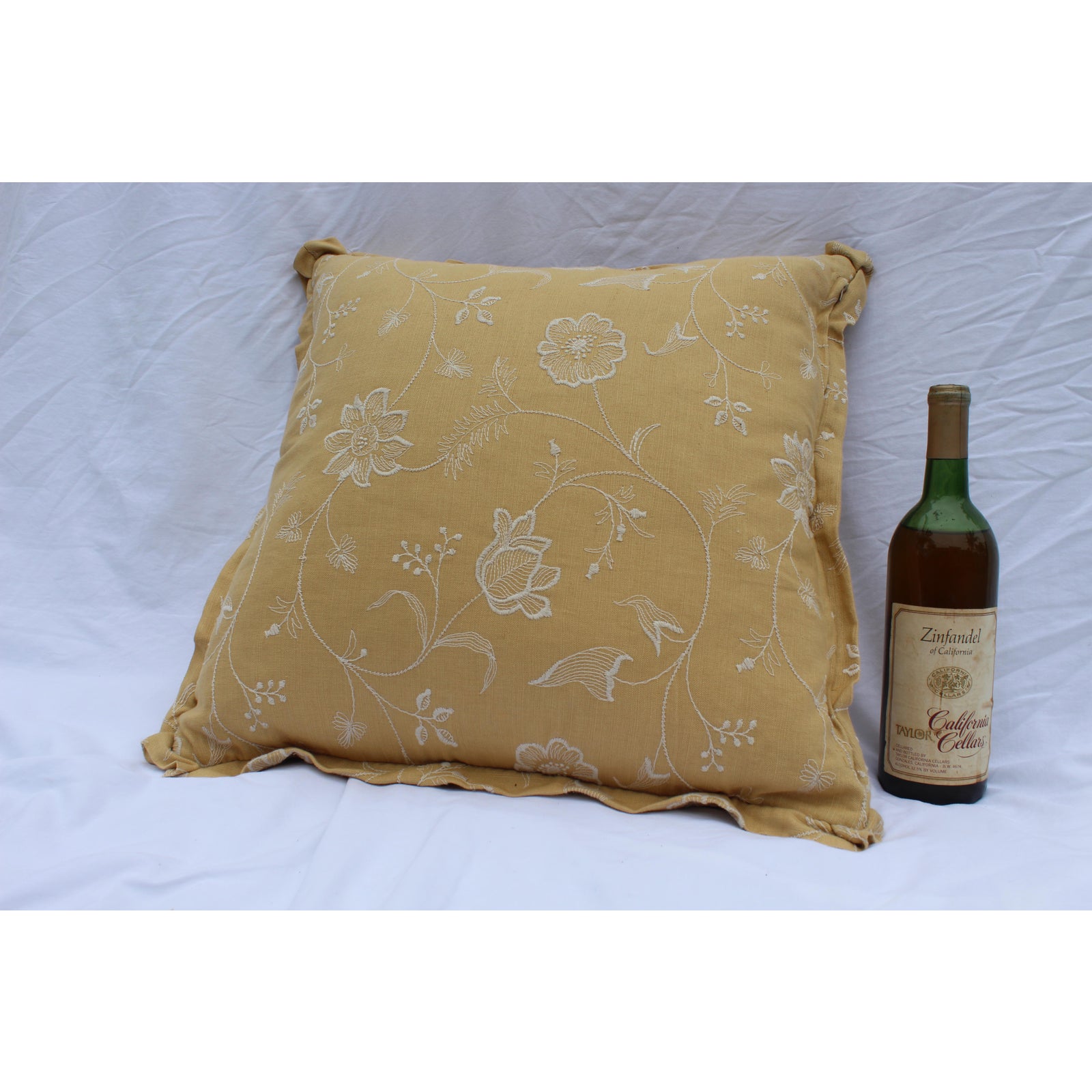 1960s-mid-century-modern-mustard-yellow-down-pillow-with-white-floral-embroidery-6210