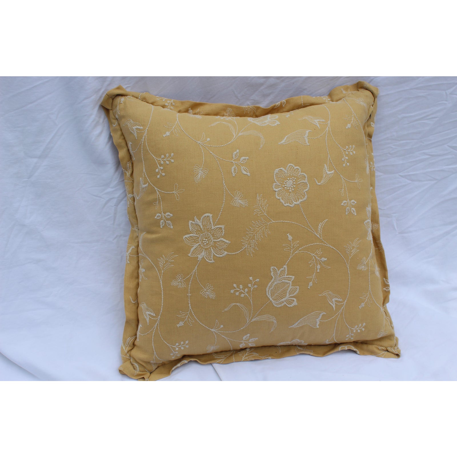1960s-mid-century-modern-mustard-yellow-down-pillow-with-white-floral-embroidery-7606
