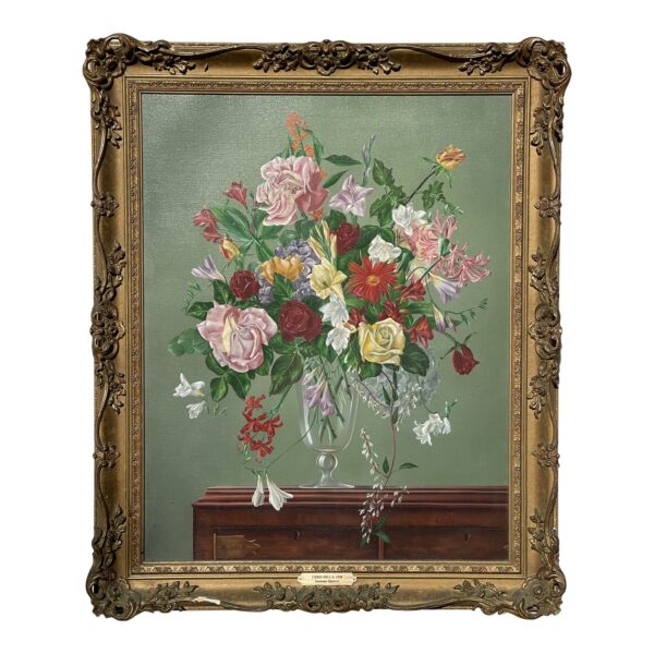 late 20th century summer flowers botanical still life painting by chris hill framed 5794