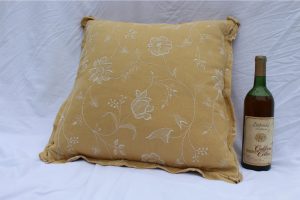 1960s-mid-century-modern-mustard-yellow-down-pillow-with-white-floral-embroidery-6210