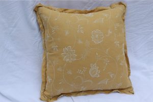 1960s-mid-century-modern-mustard-yellow-down-pillow-with-white-floral-embroidery-7606